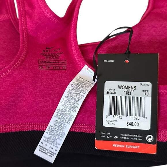 Nike Pro Classic Padded Sports Bra extra small Pink & black elastic band & logo - Picture 9 of 11